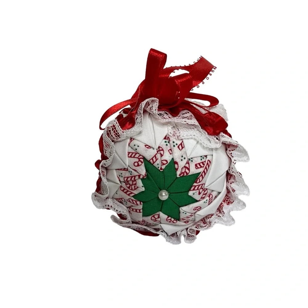 Vintage Handmade Folded Fabric Multicolor Christmas Ball‎ Ornaments Set of 7